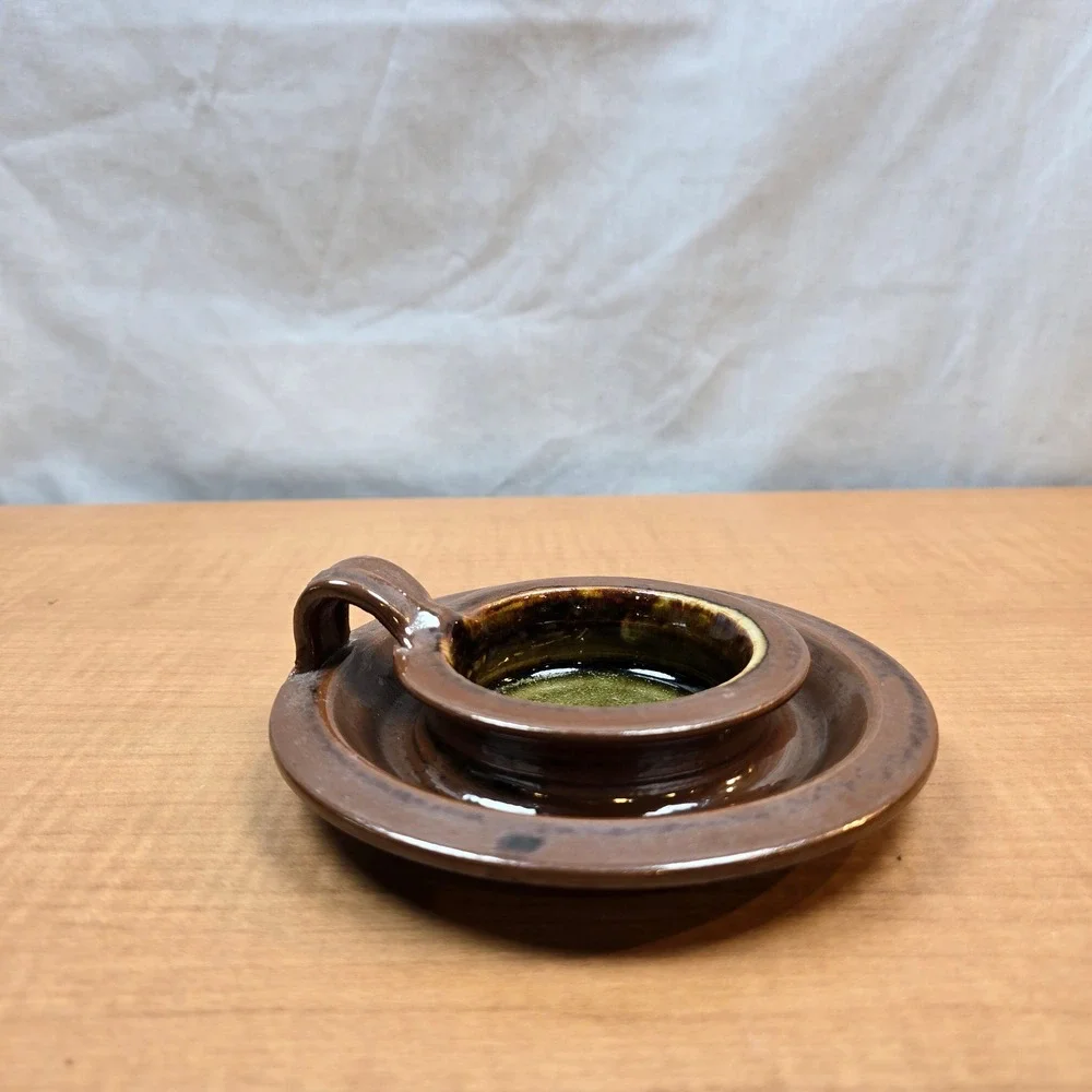 Handmade Ceramic Candle Holder in‎ Brown Glaze Signed Base Vintage 5.5